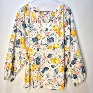 Chico's Pullover Top Embroidered Eyelet/Floral Lemon Blossom Size 2 (US 12)